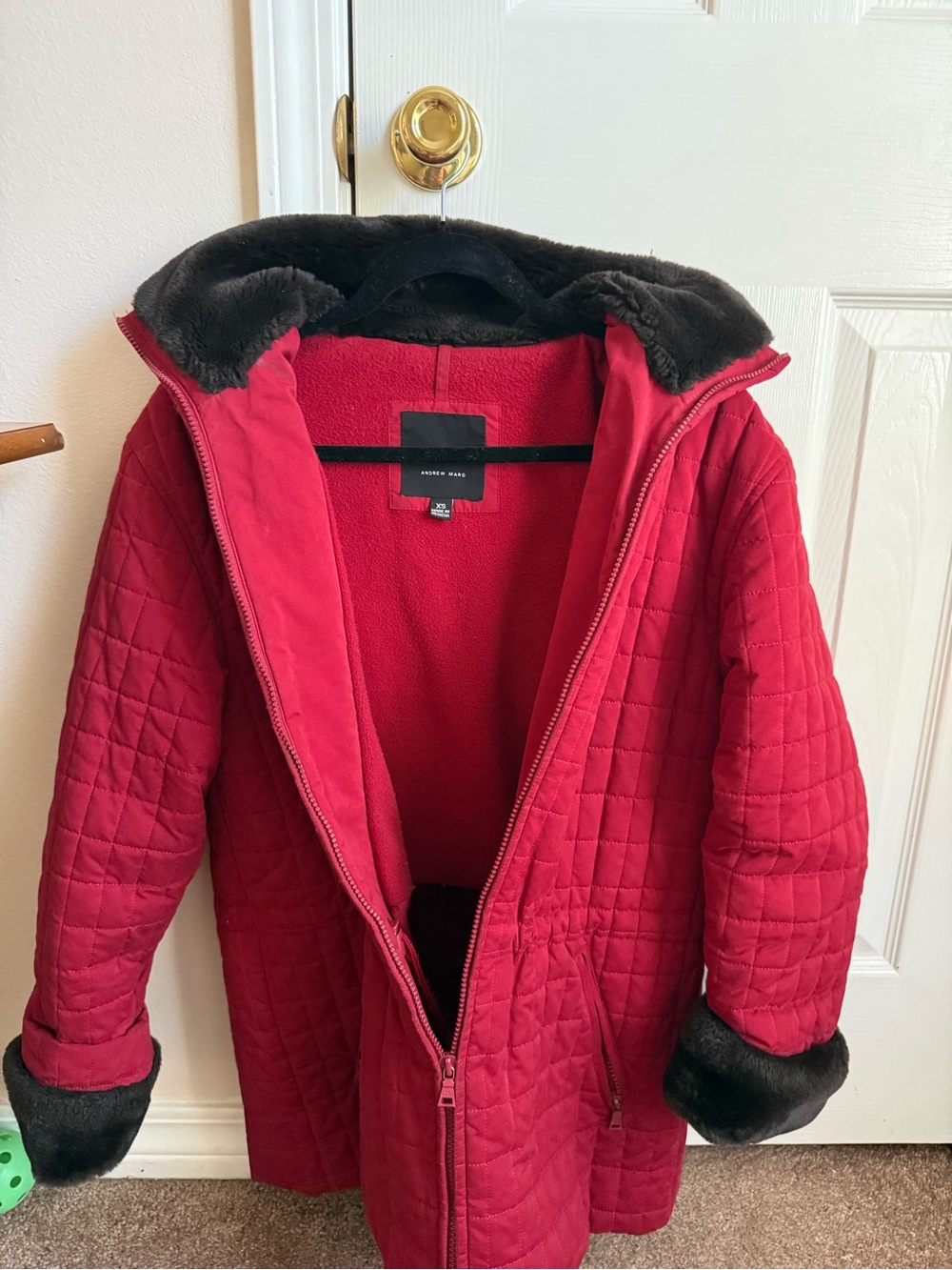 Andrew Marc Quilted Red Coat with Dark Faux Fur Trim